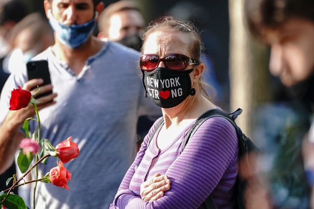 A woman wearing a face mask written on New York Strong seen during the 9/11 memorial service at the National September 11 Memorial and Museum, September 11th, 2020.